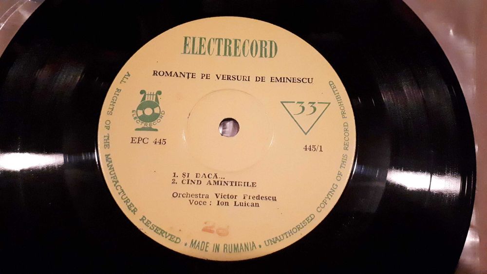 Disc vinil celebru: Romante pe versuri Mihai Eminescu-voce: Ion Lucian