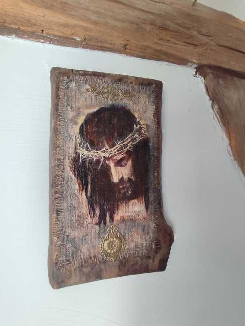 Icoană rustică pe lemn masiv– Isus cu coroană de spini