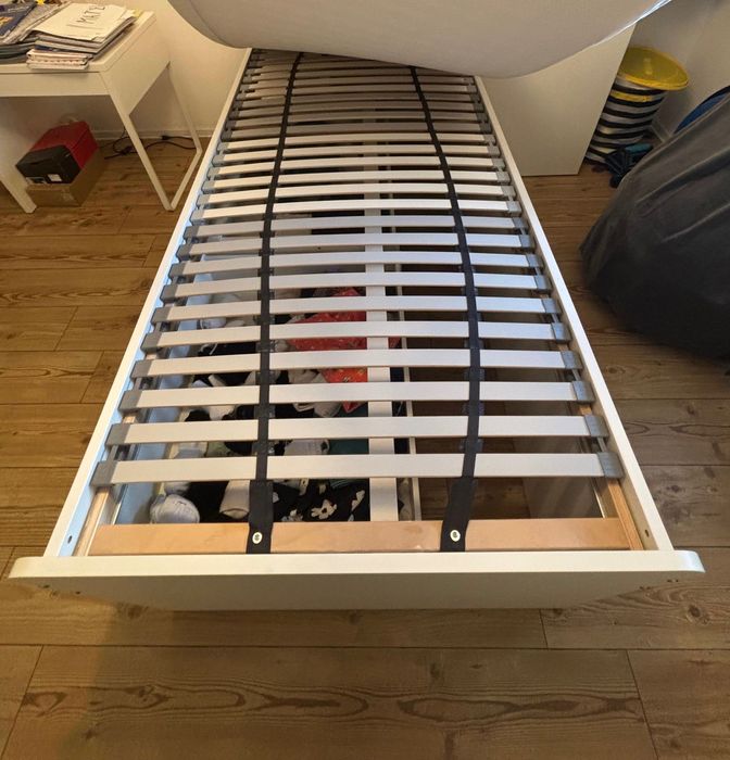 Cadru pat Slakt Ikea 90x200 cm cu depozitare+somiera+saltea+topper
