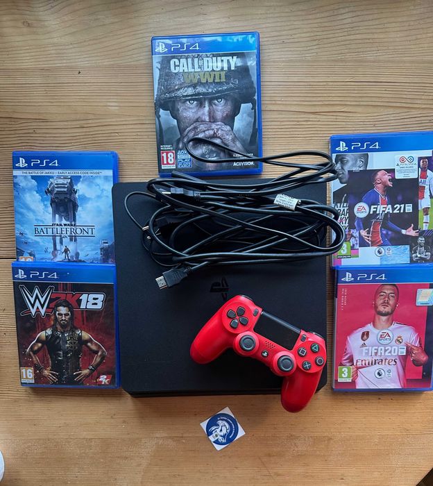 ТОП Състояние Sony PlayStation 4 Slim PS4 профилактиран + Оригинален червен DualShock 4 V2 + 5 Игри