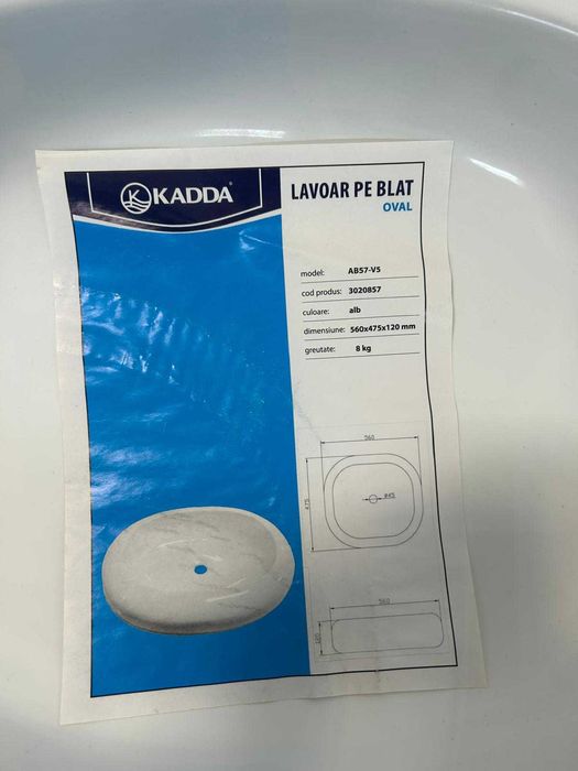 Lavoar baie, Kadda AB57 - V5, montaj pe blat, alb, oval, 56 cm