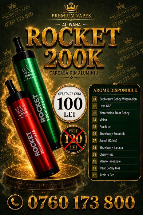 AL-WAHA Rocket 200k-  Vape tip țigară electronică cu arome de shisha, fum dens,carcasă de aluminiu

• Produse 100% originale, sigilate
• Până la 2