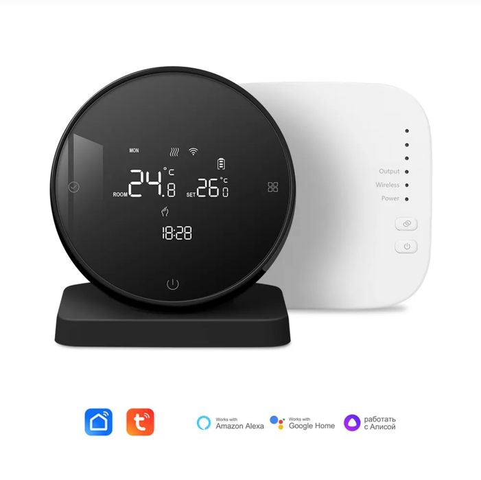 Termostat Wireless pentru Centrale Termice si Incalzire Pardoseala, Wifi, Control din aplicatia Tuya, Universal, Programabil, Receiver inclus, Touch