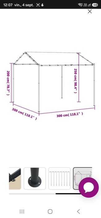 Cort pavilion, bej, 3x3 m, oţel şi material textil