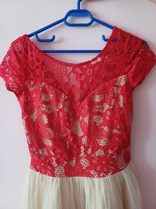 Rochie eleganta scurta cu dantela, rosu+crem
