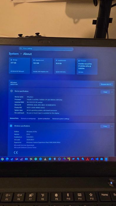 Laptop Lenovo X1 Carbon Gen 6, procesor Intel i7-8850U, 16GB RAM, 512GB SSD, Win 11 Pro
