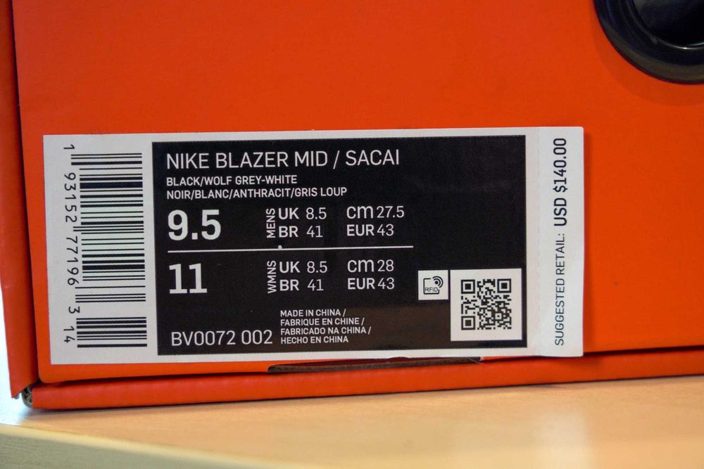 Nike Blazer Mid sacai Black Grey EU 43
