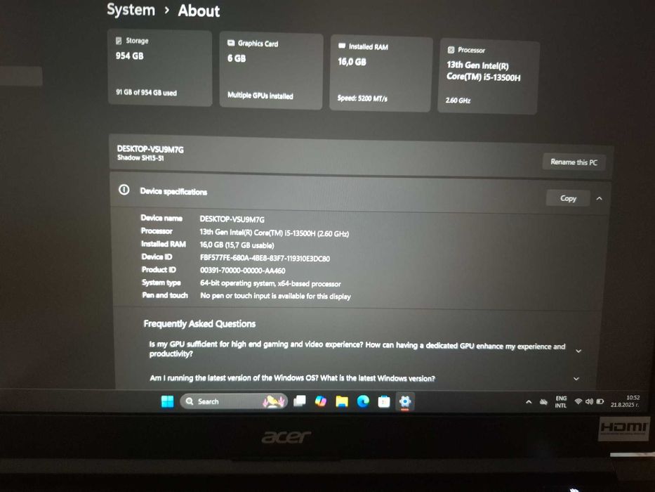 Acer Shadow  геймърски лаптоп,модел 24г.Използван около 3м.