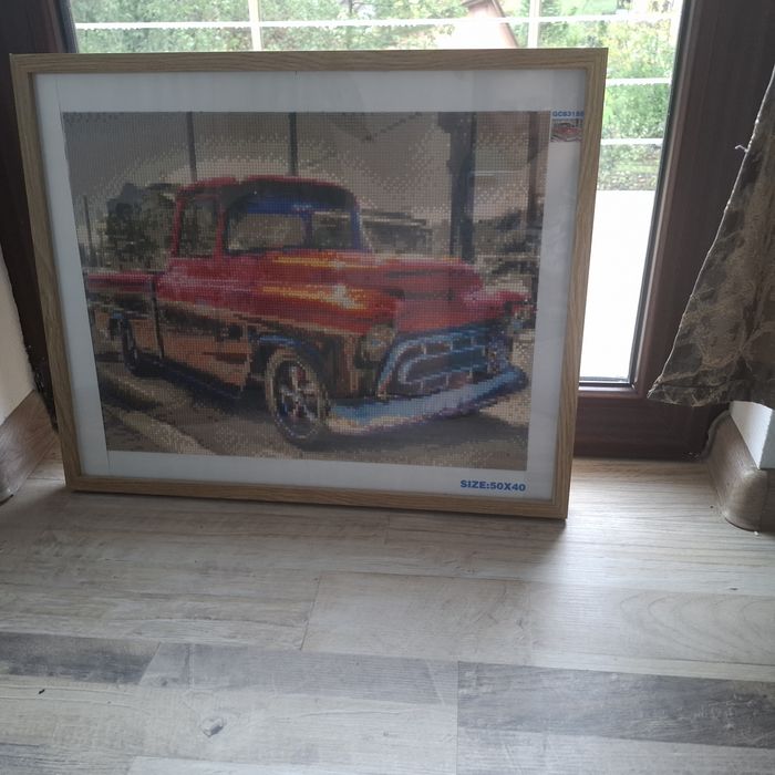 Tablou unicat mozaic / diamond painting - Camionetă vintage, ramă lemn, 50x40 cm