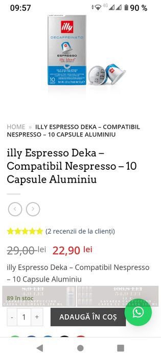 vând capsule cafea nespresso illy decofeinizata., compatibil nespresso