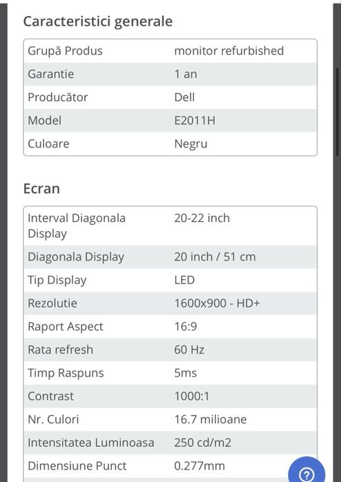 Monitor Dell E2011H, 20" LED, 1600x900 HD,