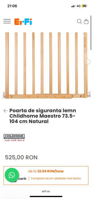 Poarta de siguranta lemn Childhome Maestro 73.5-104 cm Natural