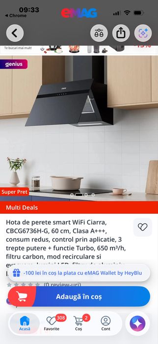 CIARRA hotă de perete 60cm Clasă A+++ 3 viteze WiFi LED – 60cm Oțel inoxidabil