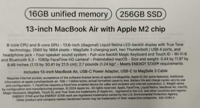 MacBook Air 13 inch, M2 chip, 16 GB, 256 GB SSD