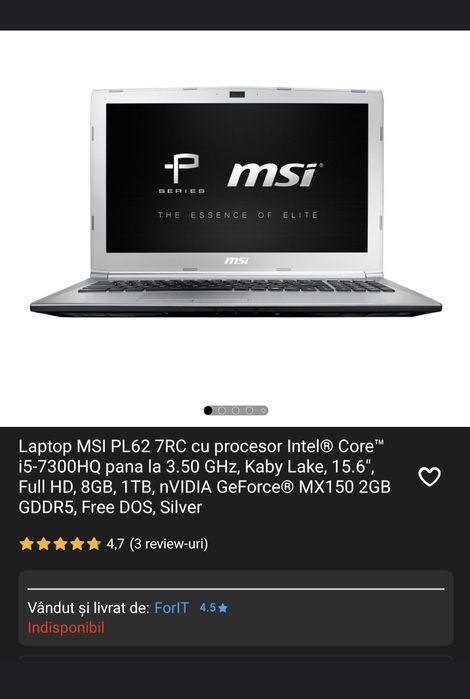 Laptop gaming cu racire activa MSI PL62 7RC