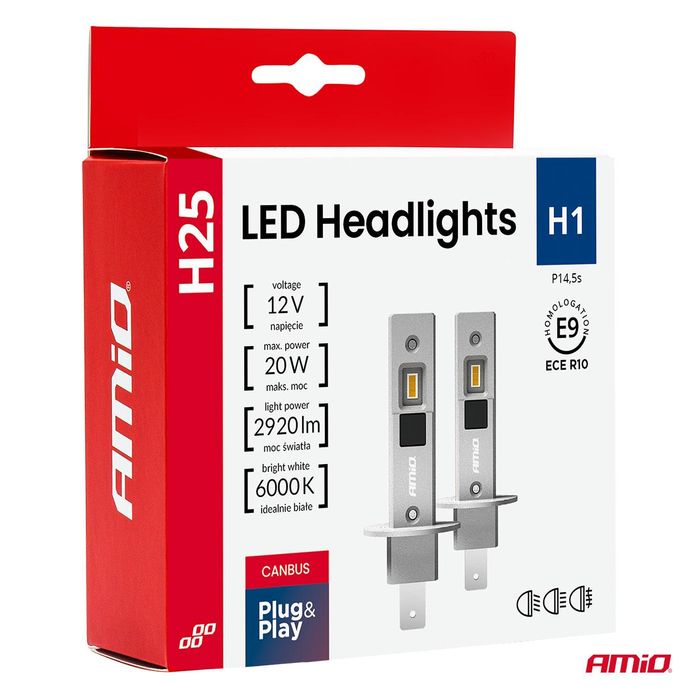 Led автомобилни крушки серия h25 canbus h1 12v 20w amio-04709