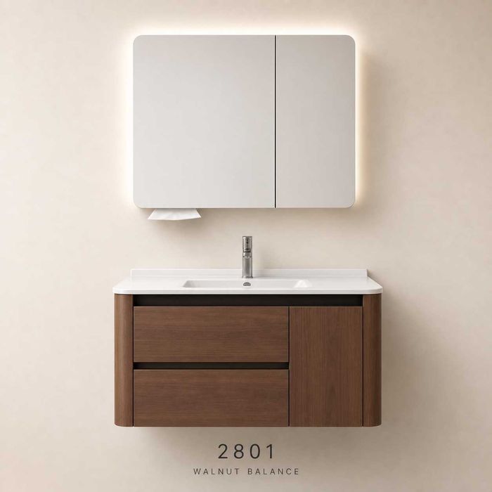 Луксозен шкаф за баня от водоустойчиво инженерно дърво 2801 (Walnut Balance) със заоблен дизайн и смарт огледало