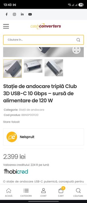 Statie de andocare tripla Club 3D . 10gbps usb C  etc..