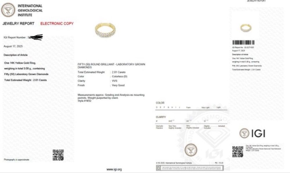 Inel Eternity Aur 14K - 2.01 CT Diamante Lab Grown (Certificat IGI)