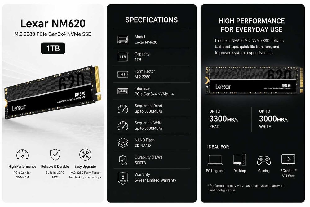 SSD Lexar NM620, 1TB, NVMe M.2 3500 MB/s + SSD кейс