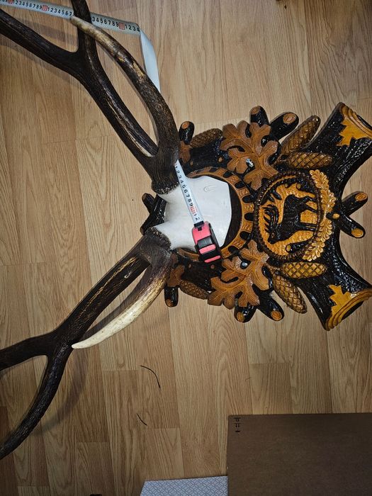 REDUCERE Trofeu coarne cerb 8 raze 135 cm cu panoplie sculptată manual