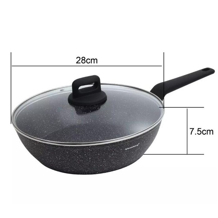 Tigaie din aluminiu turnat, marmorata, cu capac, neagra, 28cm,