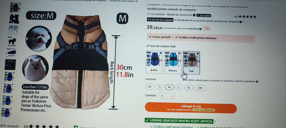 Jacheta de iarna pentru catei - masura M (30cm)