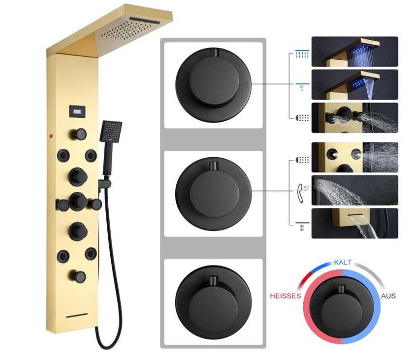 KEOKBON LED душ панел, 6 в 1 душ панели с кран от неръждаема стомана