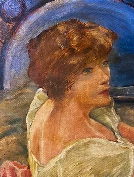 "Domisoara pe sofa" Tablou f VECHI, ulei/carton, 60x50cm+rama, semnat.