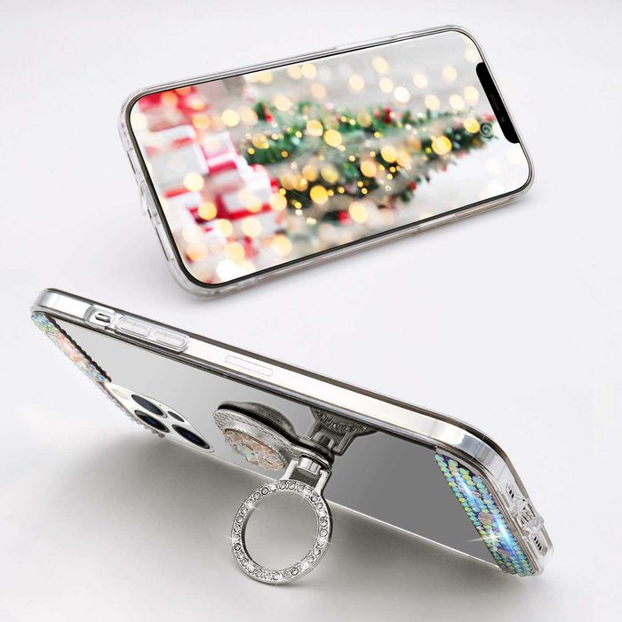 Husa tip oglinda cu inel si pietricele pt. iPhone 15 Pro / 15 Pro Max