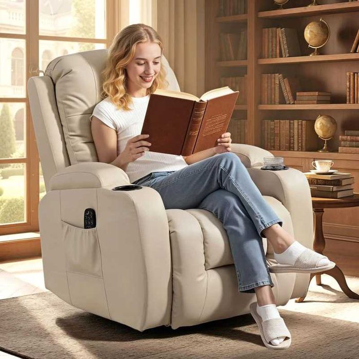 Fotoliu Reclinabil cu 8 puncte Masaj și Încălzire, Negru - Crem HOMCOM