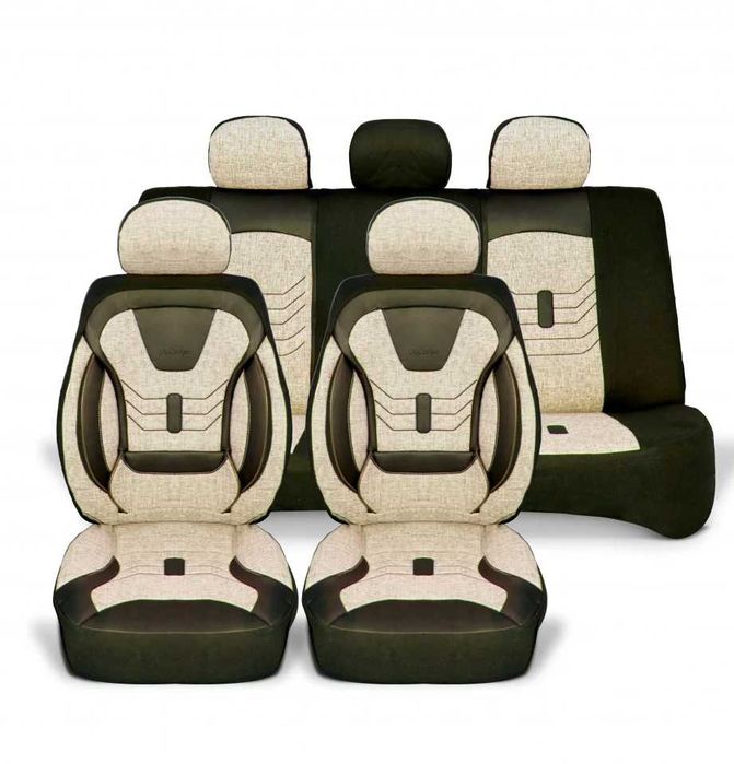 Huse scaune auto,material textil crem si piele ecologica neagra