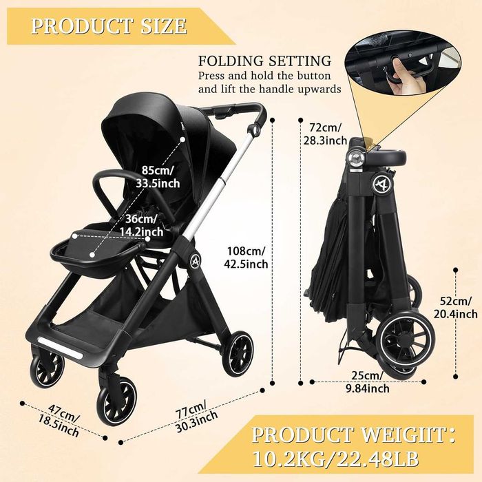 Carucior copii Aoodil 0-36 luni, reversibil, pliabil, negru, cadru aluminiu
