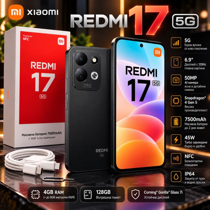 НОВ!!! Xiaomi Redmi 17 5G, 4GB RAM, 128GB, Black