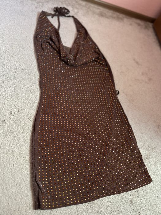 Къса кафява парти рокля с камъни