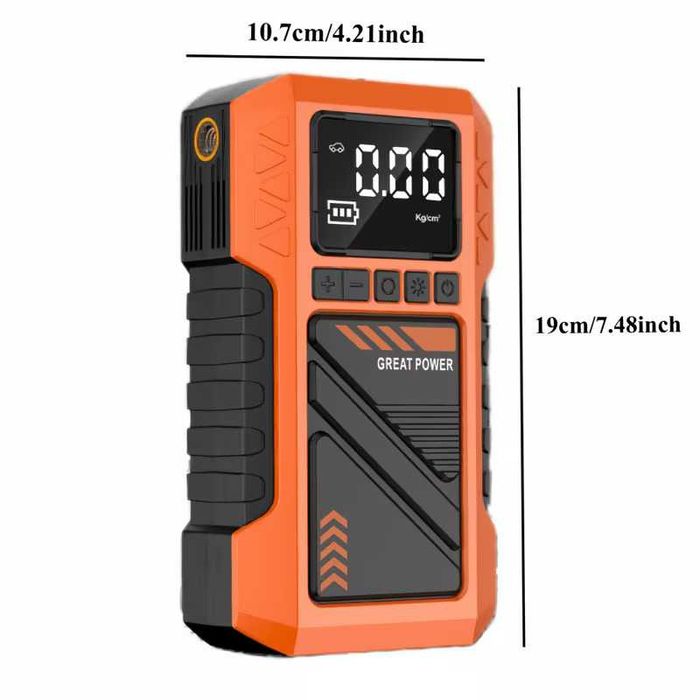 Авариен мобилен стартер (Jump Starter), компресор, външна батерия и мощен LED фенер 4 в 1 JKUOO, различни накрайници, 8000А, 10ATM, НОВ!