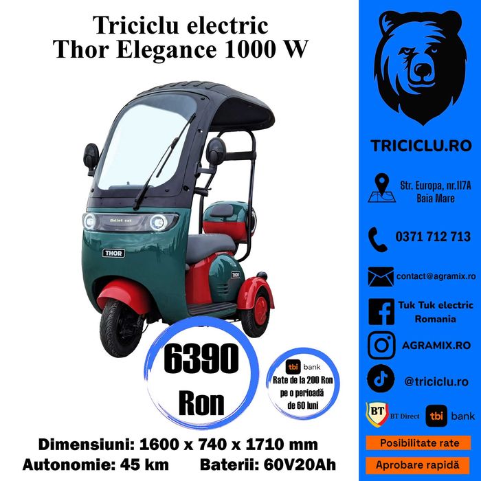 Triciclu electric THOR ELEGANCE tuk tuk 1000W nou  Agramix