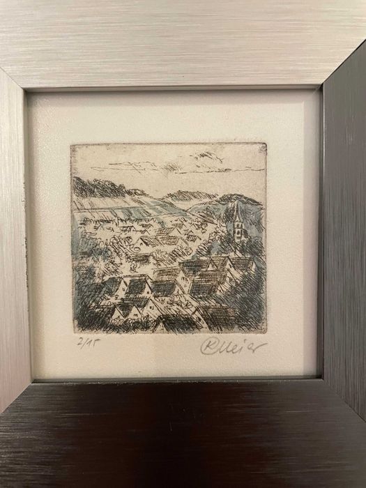 gravura foaie rives in creion semnata rama profesionala de inox periat