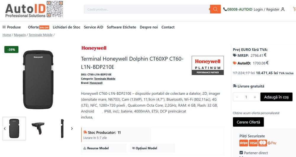 Terminal Honeywell Dolphin CT60XP, Android 13, 4G, ideal pentru curieri