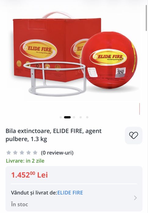 Bilă Extinctoare ELIDE FIRE 1.3 kg cu Pulbere Activare Automată Stingere Incendiu Casă Garaj Atelier Depozit Nouă