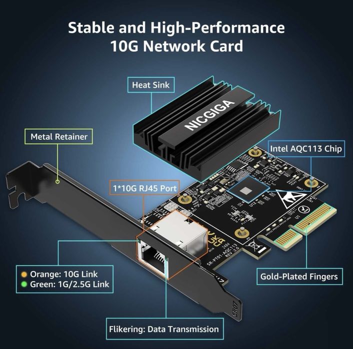 Placa retea adaptor PCIe 10G,controler Marvell AQC113,adaptor Ethernet NICGIGA RJ45 suport WOL,NIC port RJ45 10Gbe, Windows 10/11/Server/Linux