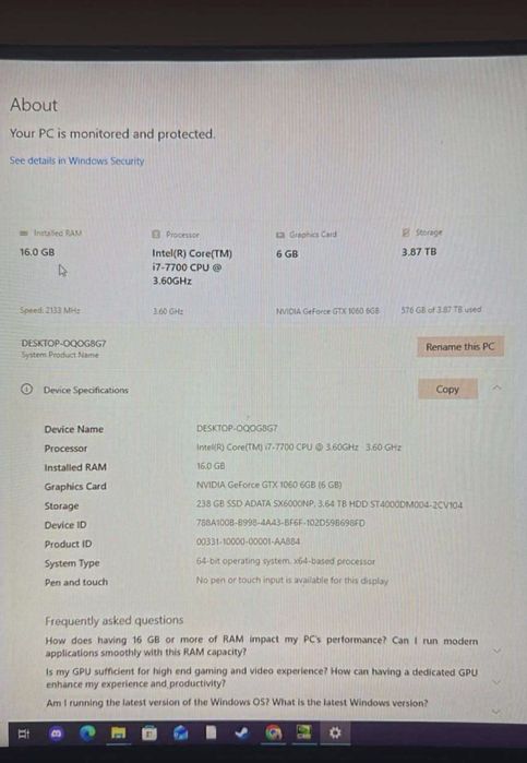 PC Gaming i7, GTX 1060 6 gb, 4 tb hdd, 256 gb ssd