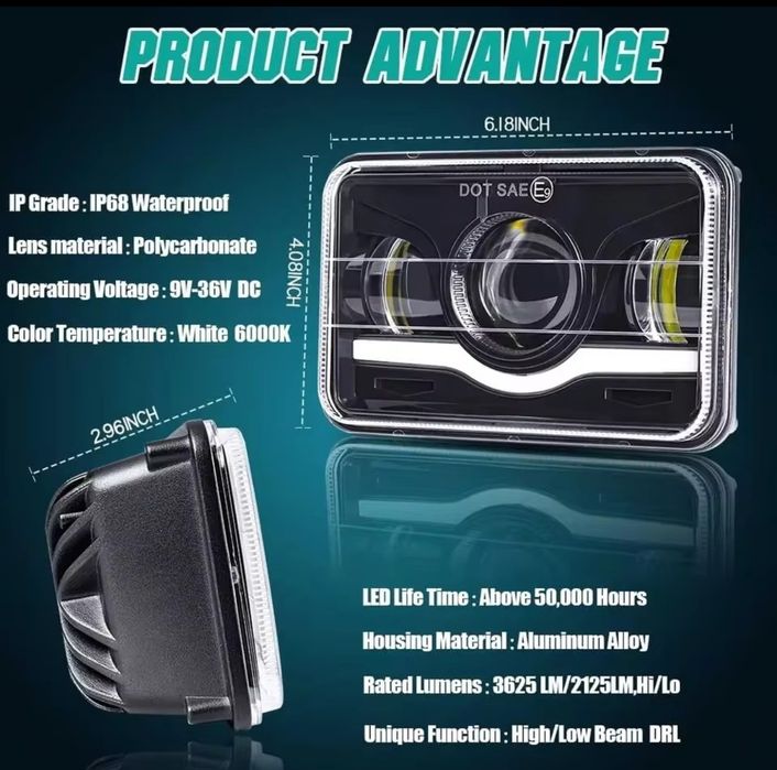 Лед фарове 12v 24v 4x6 inch LED H4