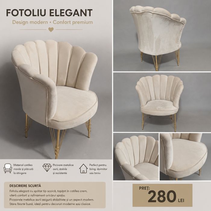 Fotoliu elegant catifea crem