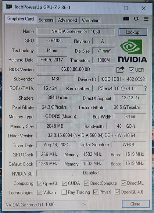 Видеокарта MSI Geforce GT 1030 2GB GDDR5 64bit OC
