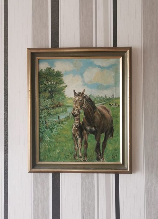 Антикварна картина летен пейзаж коне кобила жребче маслени бои платно