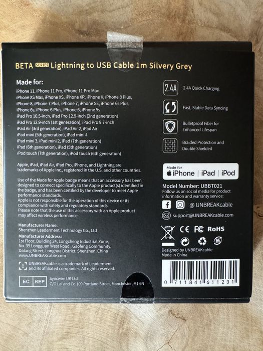 Зареждащ кабел за iPhone, iPad, Airpods UNBREAKcable