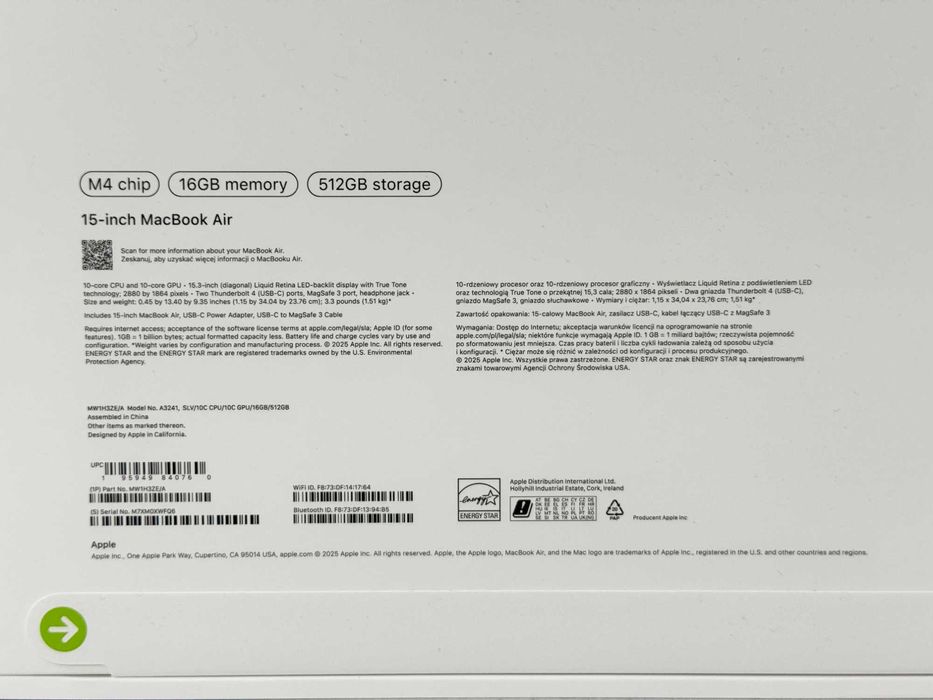 Macbook Air 15", M4, RAM 16GB, SSD 512GB, цвят Silver-чисто нов