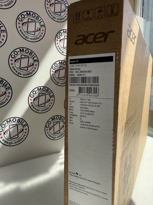 Laptop Acer Aspire 16” - Intel Core Ultra 5 115U - 16 GB LPDDR5X - 512GB NVMe - OLED - NOU