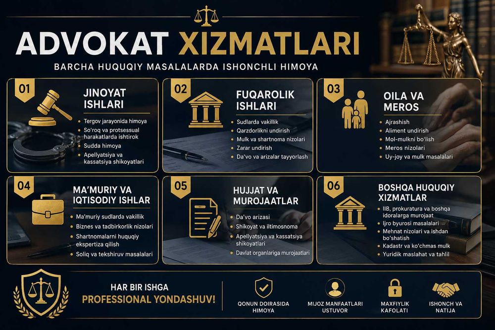 Toshkentda advokat xizmati | Jinoiy, ma’muriy, fuqarolik & sud ishlari